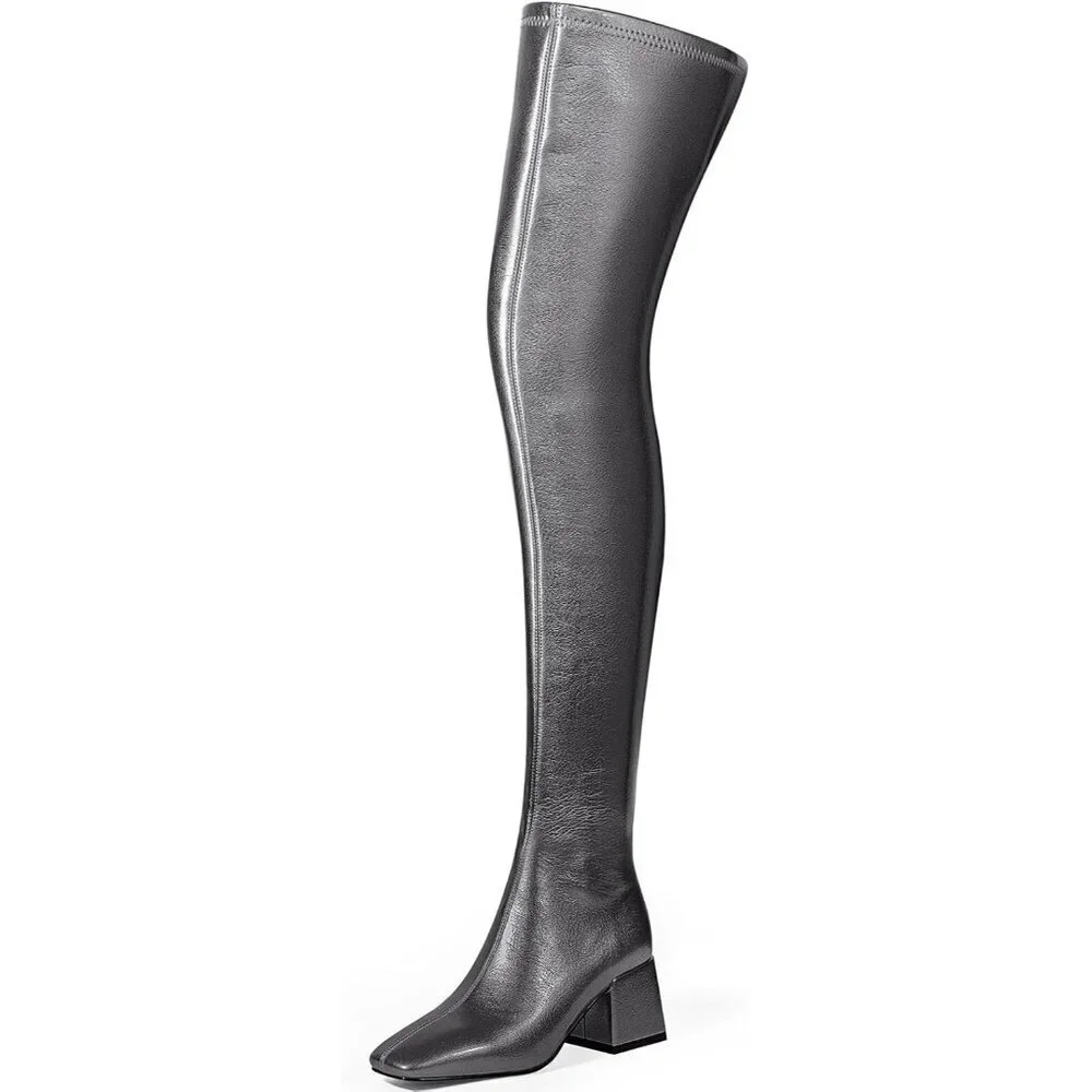 Women Grey Polyurethane Over the Knee Square Toe Block Heel Long Zipper Boots